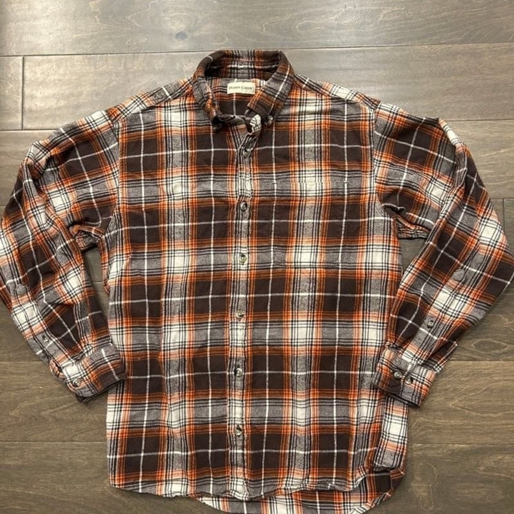 Hobbs Creek Mens Flannel Shirt Brown Orange Plaid Long Sleeve Button Down Medium